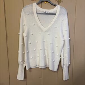Madewell white v-neck bobble dashwood sweater bishop sleeve size small